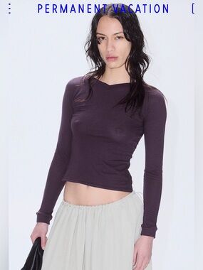 Permanent Vacation Deep Plum Long-Sleeve V-Neck Crop Top